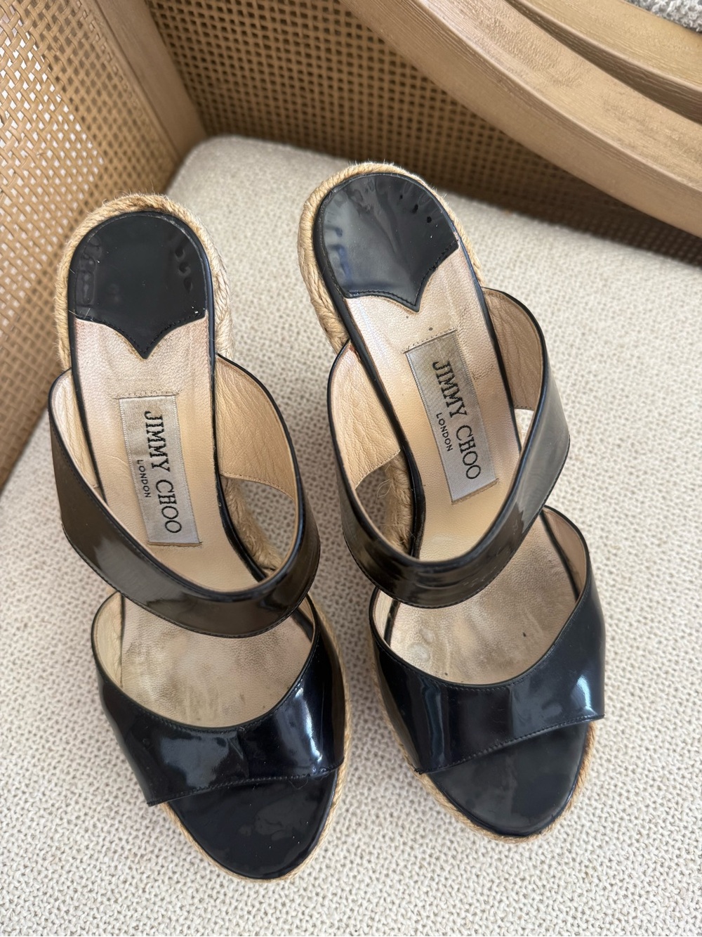 Jimmy Choo Black Patent Leather Espadrille Wedge Slides